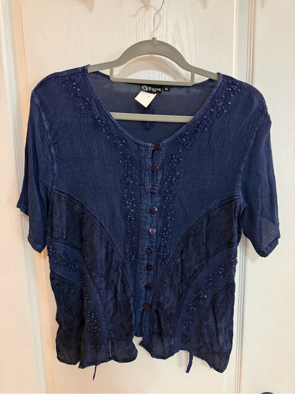 Papa Navy Rayon Short-Sleeve Embellished Button-Down Top